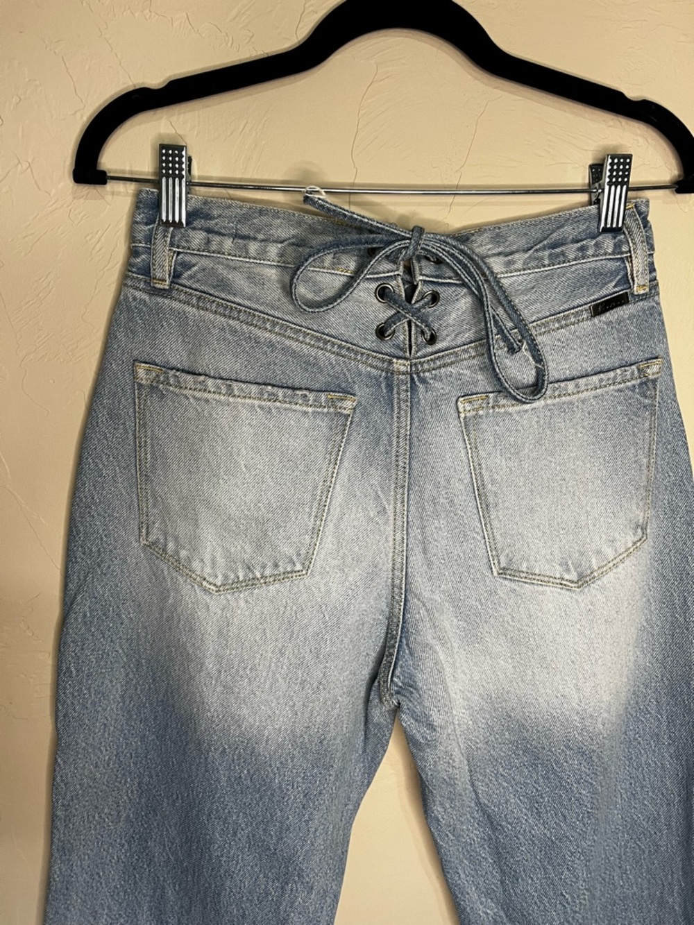 Kancan Maryville High Rise Tie Back 90’s  Flare Button Fly Raw Hem Denim Jeans - Picture 13 of 16